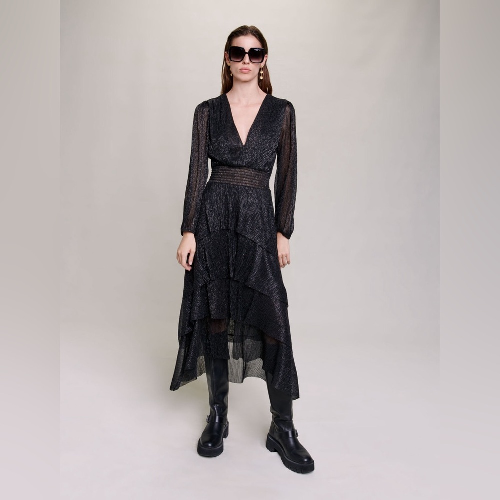 Maje Pleated Stretch Lamé Dress with Ruffles (Black Size 38)